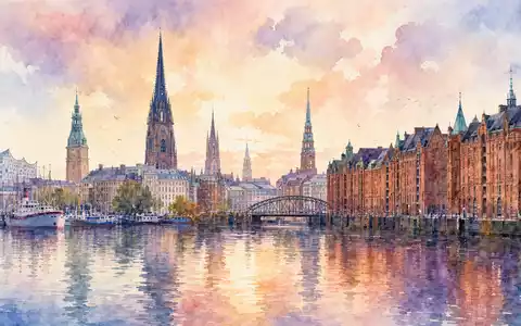 Aquarellmalerei der Hamburg-Skyline repräsentiert den Unternehmenssitz des Konzerns Beiersdorf AG, ISIN DE0005200000 - Foto: THN