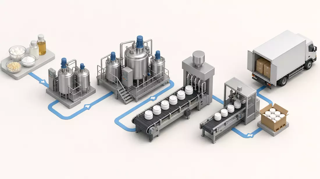 Isometrische 3D-Illustration einer Kosmetikproduktionskette mit Fabrik und Verpackung