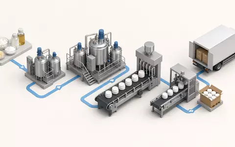 Isometrisches 3D-Diagramm der Produktionskette verdeutlicht die Geschäftsfelder von Beiersdorf AG, ISIN DE0005200000 - Foto: THN