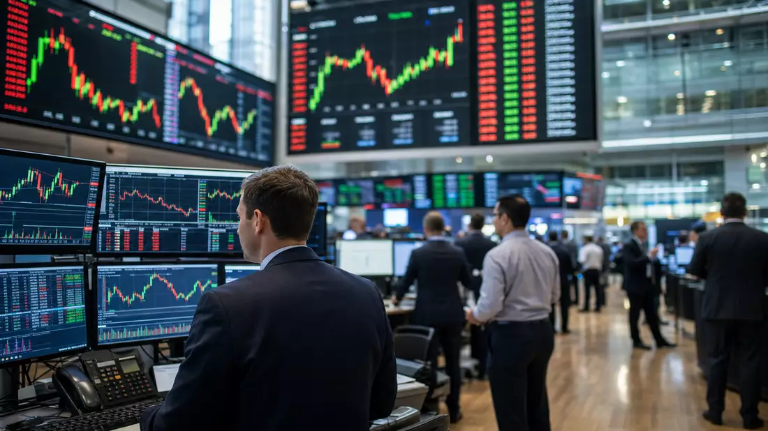 Editorial-Aufnahme eines Trading-Floors mit abstrakten Kurscharts auf Bildschirmen
