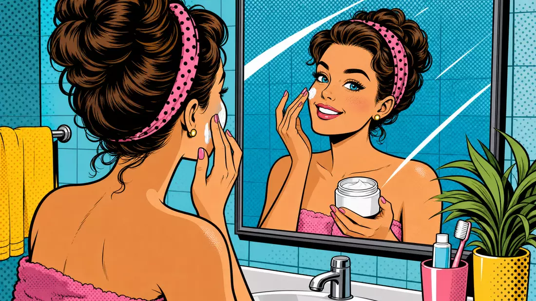 Farbenfrohe Pop-Art-Comic-Illustration einer Frau bei der Anwendung von Gesichtscreme