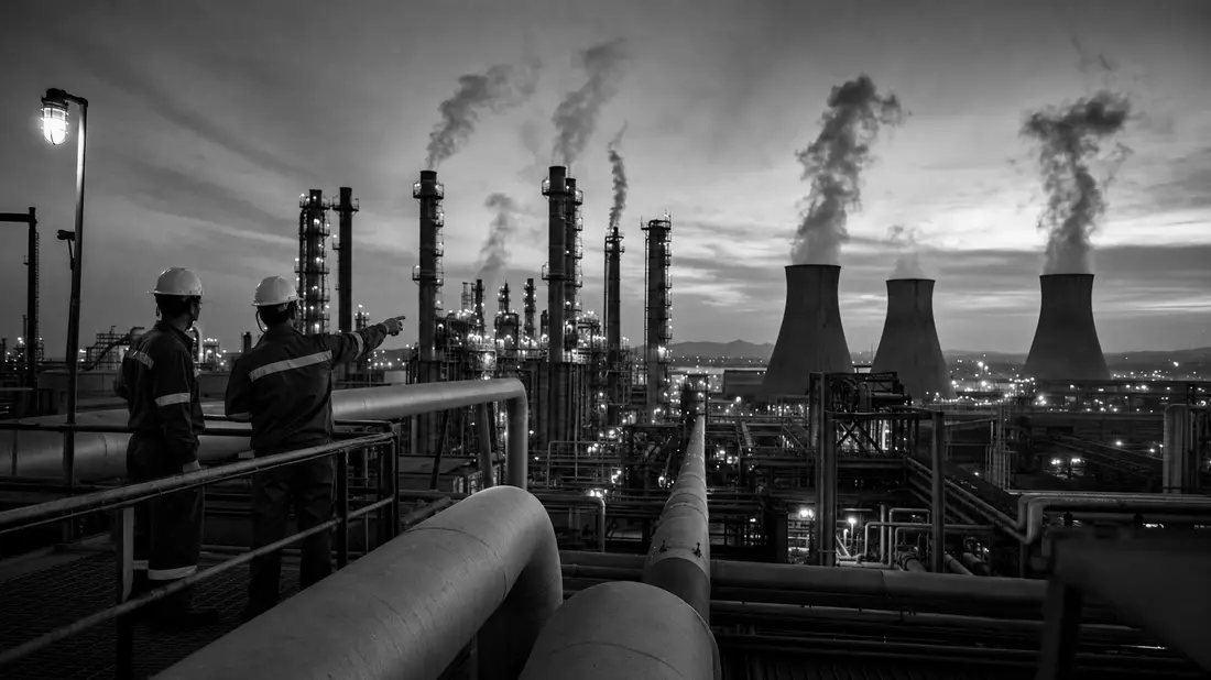 Schwarzweiß-Reportagefoto von Arbeitern an einem Chemiewerk in der Abenddämmerung