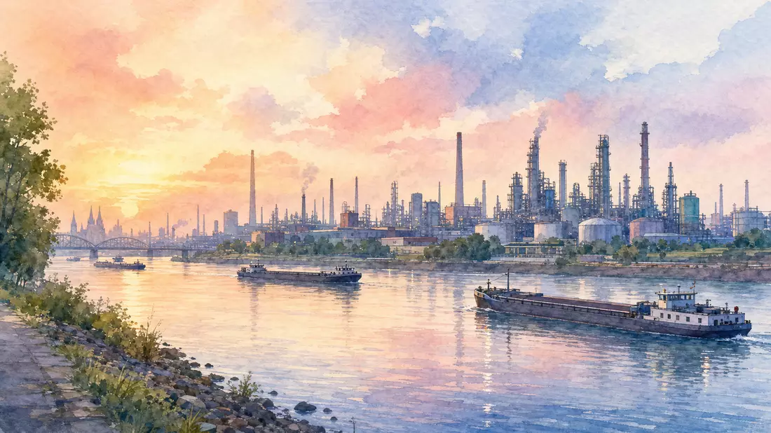Aquarellmalerei einer Flussstadt mit Chemieanlagen-Silhouette am Rhein bei Sonnenuntergang
