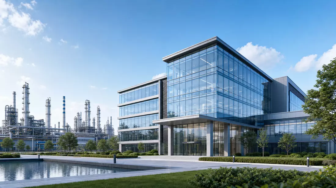 Architektur-Render eines modernen Bürogebäudes neben einer Chemieanlage bei Tageslicht