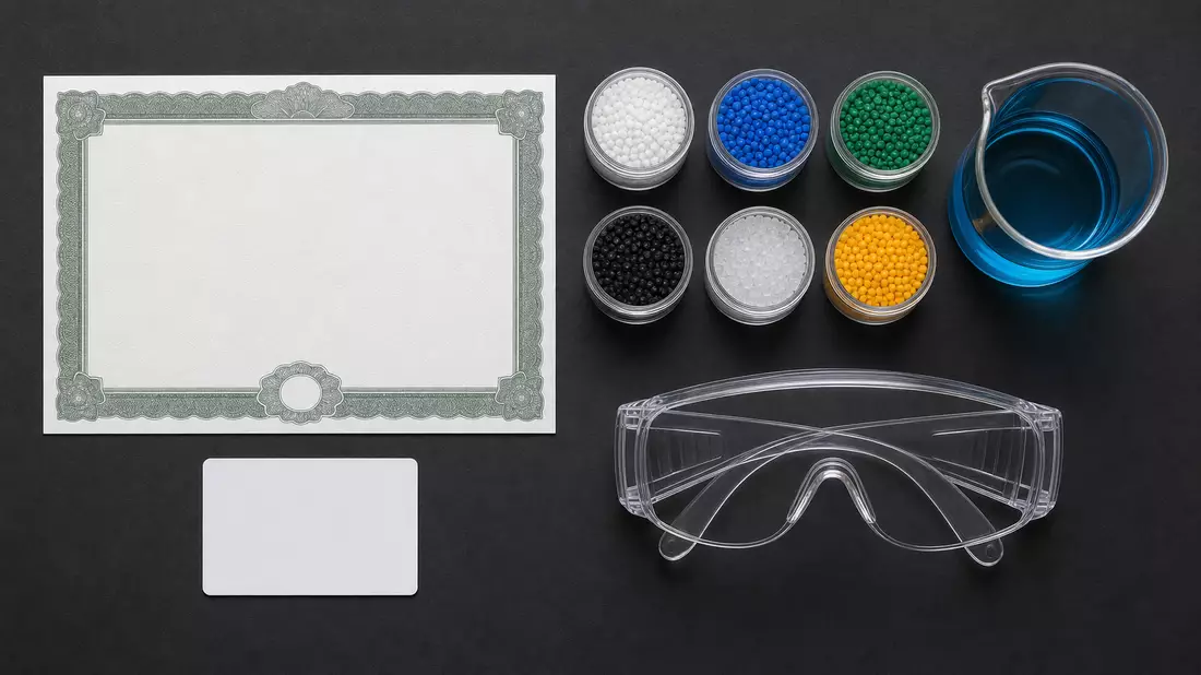 Flatlay mit Aktienzertifikat, ISIN-Karte, Kunststoffpellets und Laborutensilien auf dunklem Tisch