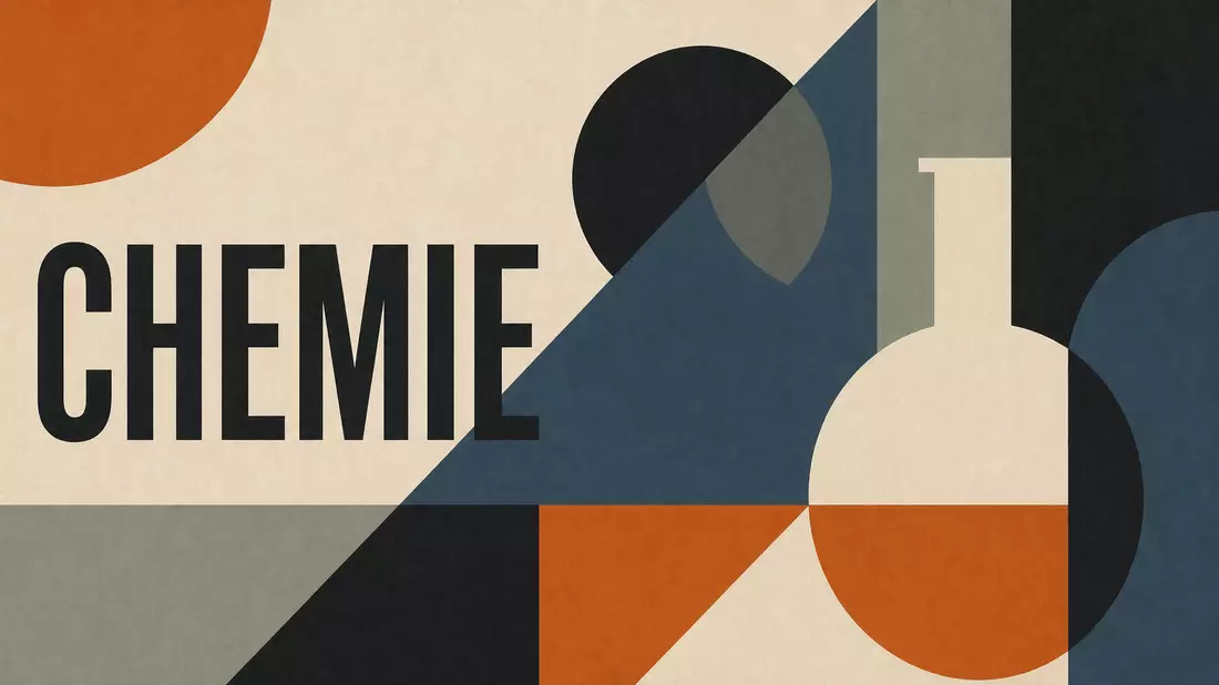 Bauhaus-Poster mit geometrischen Formen, Laborkolben-Silhouette und dem Wort CHEMIE