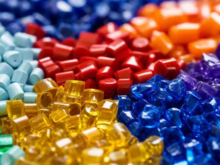 BASF SE (ISIN DE000BASF111) produziert Kunststoffe und Polymere, dargestellt als farbenfrohe Granulat-Pellets in Makroaufnahme - Foto: THN