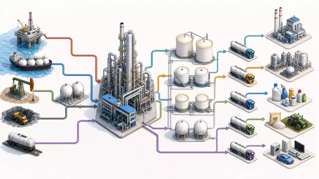 Isometrische 3D-Grafik einer Chemie-Wertschöpfungskette von Rohstoffen bis Endprodukten