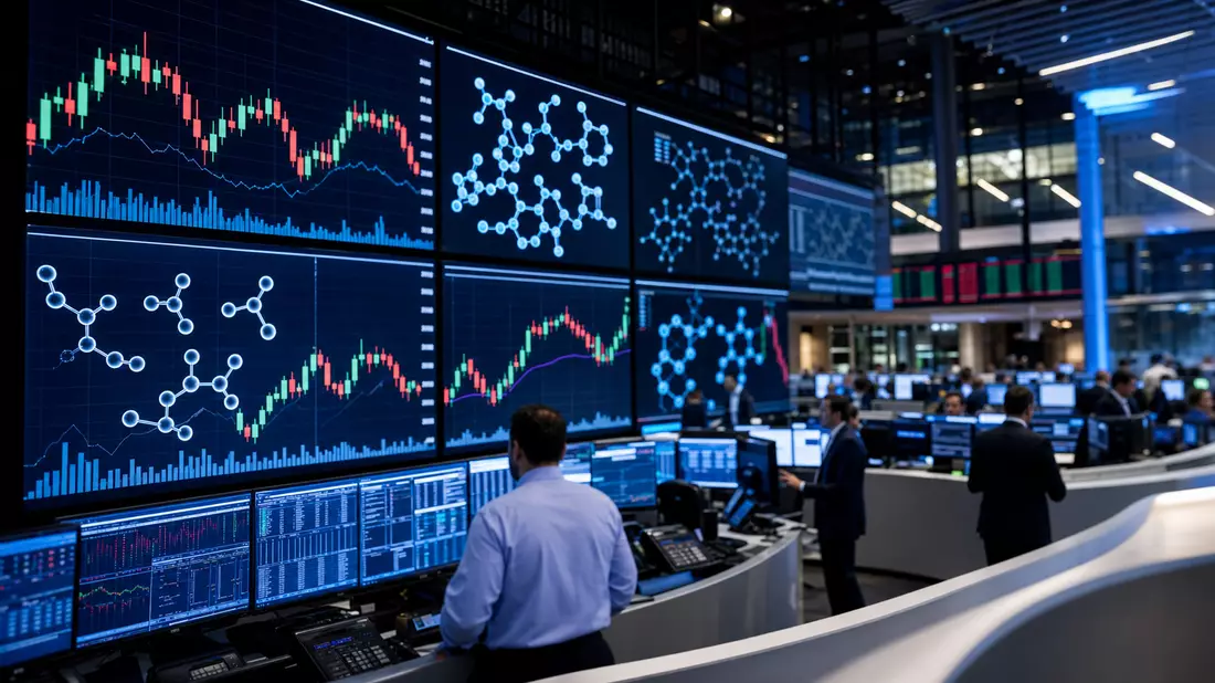 Trading-Floor mit Börsenkurven und chemischen Molekülstrukturen auf großen Bildschirmen