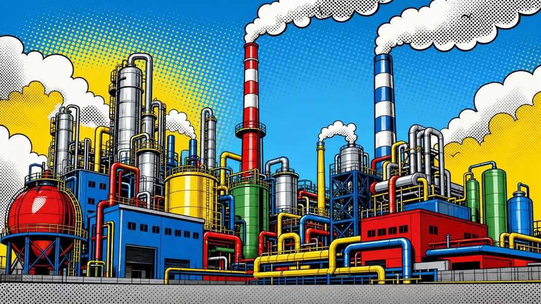 Pop-Art-Comic-Illustration einer farbenfrohen Chemiefabrik mit kräftigen Konturen und Halbtonpunkten