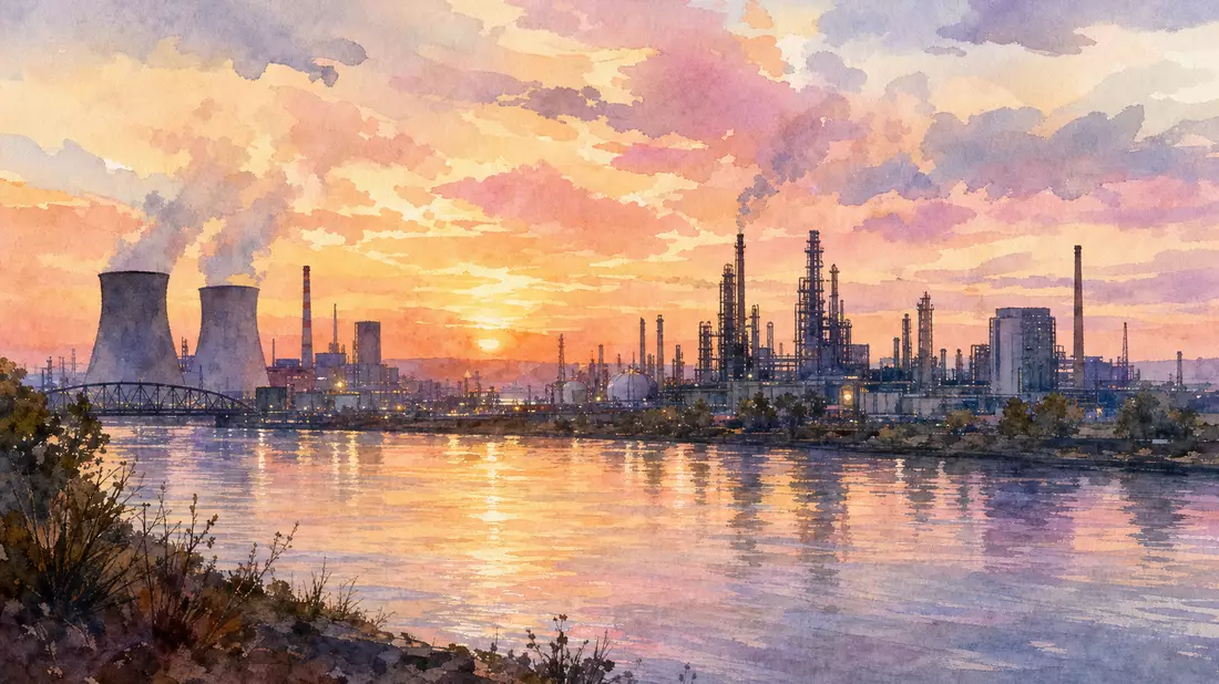 Aquarellbild einer Industriestadt-Skyline am Flussufer mit sanften Farbverläufen