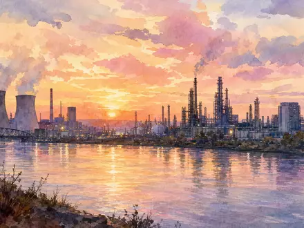 Bayer AG (DE000BAY0017): Aquarellmalerei der Skyline von Leverkusen mit Industrieanlagen am Rhein - Foto: THN