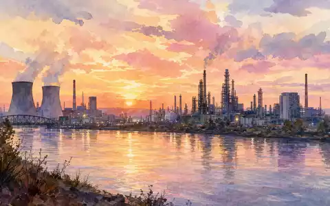 Bayer AG (DE000BAY0017): Aquarellmalerei der Skyline von Leverkusen mit Industrieanlagen am Rhein - Foto: THN