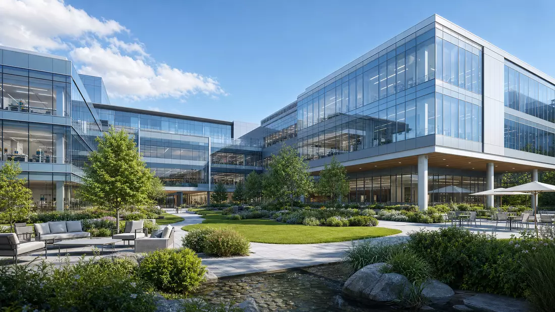 Architektur-Render eines modernen gläsernen Forschungscampus mit Grünflächen
