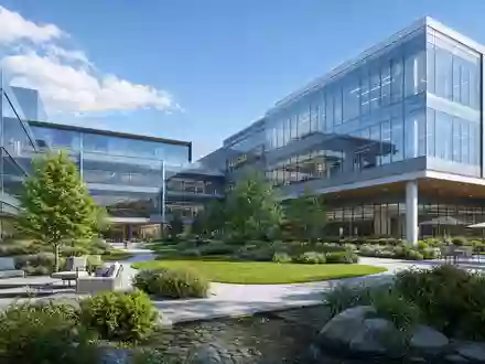 Bayer AG (DE000BAY0017): modernes Architektur-Render eines gläsernen Pharma-Forschungscampus mit Grünflächen bei strahlendem Tageslicht - Foto: THN