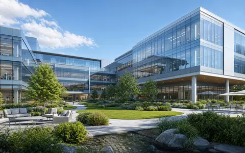Bayer AG (DE000BAY0017): modernes Architektur-Render eines gläsernen Pharma-Forschungscampus mit Grünflächen bei strahlendem Tageslicht - Foto: THN