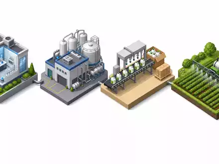 Bayer AG (DE000BAY0017): isometrische 3D-Illustration der Wertschöpfungskette von Forschungslabor über Fabrik bis landwirtschaftliches Feld - Foto: THN