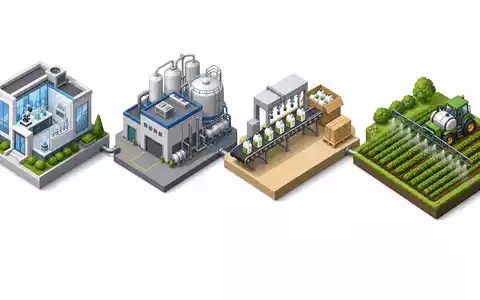 Bayer AG (DE000BAY0017): isometrische 3D-Illustration der Wertschöpfungskette von Forschungslabor über Fabrik bis landwirtschaftliches Feld - Foto: THN