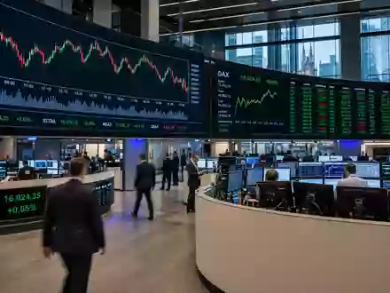 Bayer AG (DE000BAY0017): Börsen-Editorial-Szene mit DAX-Handelssaal, großen Bildschirmen und abstrakten Pharma-Aktienkursen im Frankfurter Finanzviertel - Foto: THN