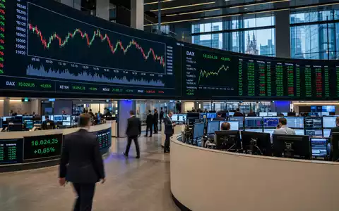 Bayer AG (DE000BAY0017): Börsen-Editorial-Szene mit DAX-Handelssaal, großen Bildschirmen und abstrakten Pharma-Aktienkursen im Frankfurter Finanzviertel - Foto: THN
