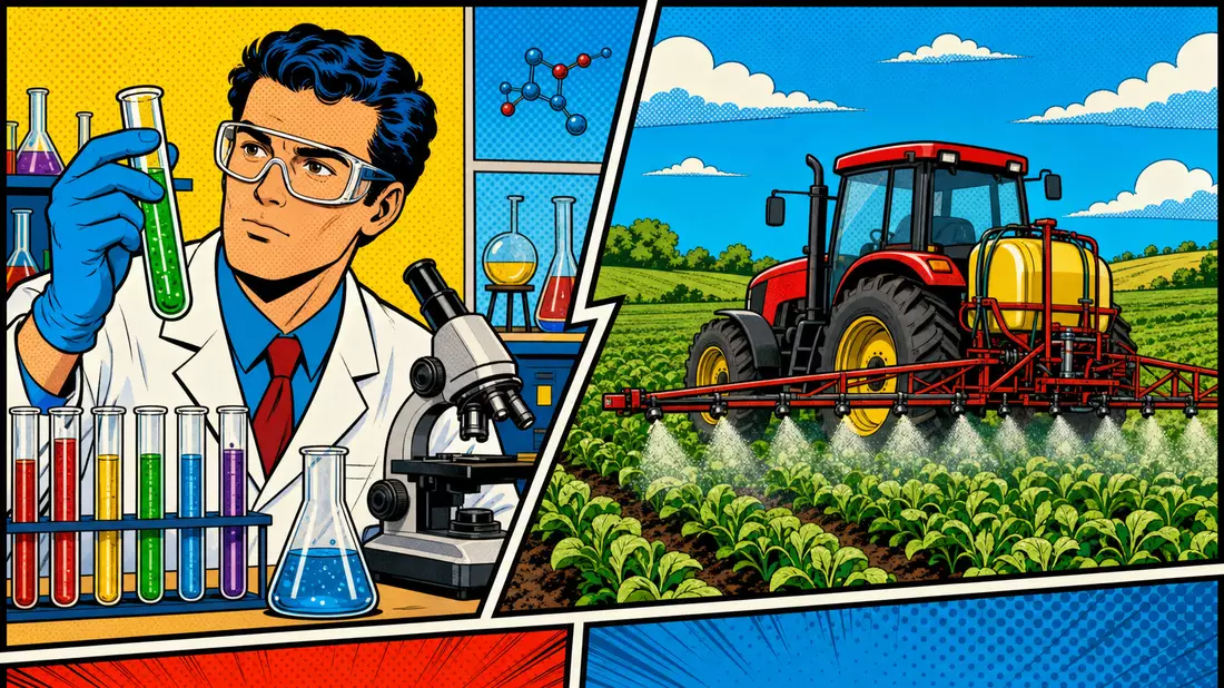 Pop-Art-Comic-Illustration einer Wissenschaftlerin im Labor und eines Traktors auf einem Feld