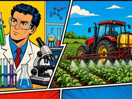 Bayer AG (DE000BAY0017): Pop-Art-Comic-Szene mit Laborwissenschaftlerin, Reagenzglas und farbenfroh sprühendem Feld-Traktor im Hintergrund - Foto: THN