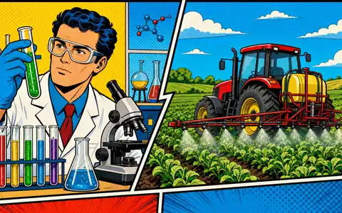 Bayer AG (DE000BAY0017): Pop-Art-Comic-Szene mit Laborwissenschaftlerin, Reagenzglas und farbenfroh sprühendem Feld-Traktor im Hintergrund - Foto: THN