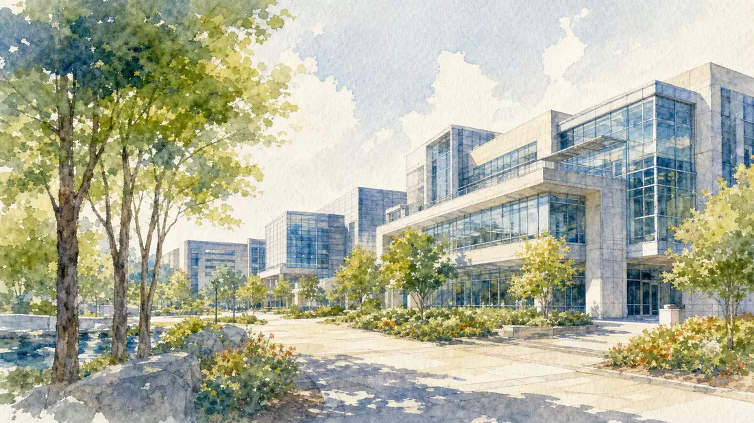 Aquarell eines modernen Forschungscampus mit Glas- und Betongebäuden