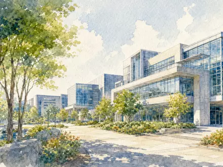 Eckert & Ziegler DE0005659700 Medizintechnik: Aquarellgemälde eines modernen Forschungscampus in Berlin mit Glasfassaden und Bäumen - Foto: THN