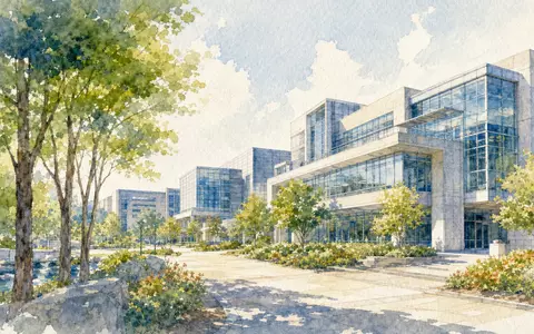 Eckert & Ziegler DE0005659700 Medizintechnik: Aquarellgemälde eines modernen Forschungscampus in Berlin mit Glasfassaden und Bäumen - Foto: THN