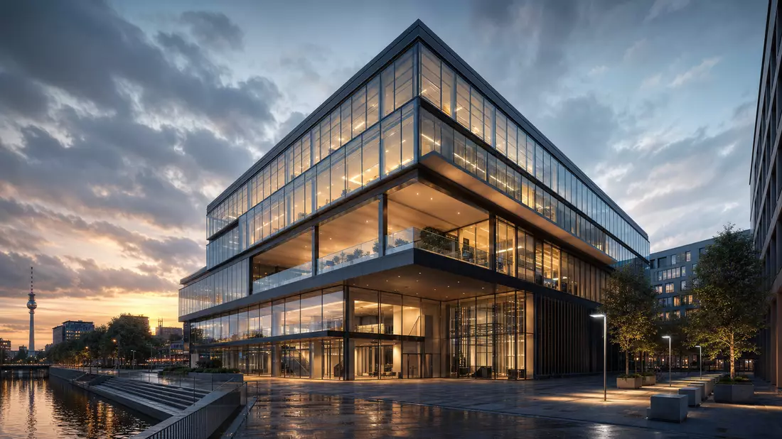 CGI-Render eines modernen Unternehmensgebäudes mit Glasfassade bei Sonnenuntergang