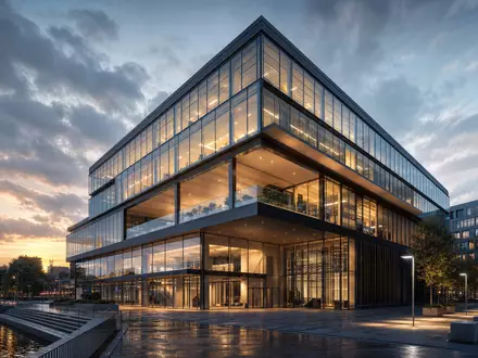 Eckert & Ziegler DE0005659700 Medizintechnik: Architektur-Render eines modernen Firmengebäudes mit Glas-Stahl-Fassade bei Abenddämmerung in Berlin - Foto: THN