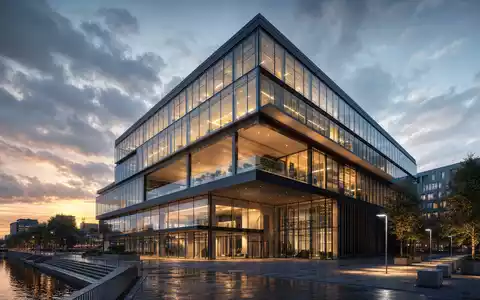 Eckert & Ziegler DE0005659700 Medizintechnik: Architektur-Render eines modernen Firmengebäudes mit Glas-Stahl-Fassade bei Abenddämmerung in Berlin - Foto: THN