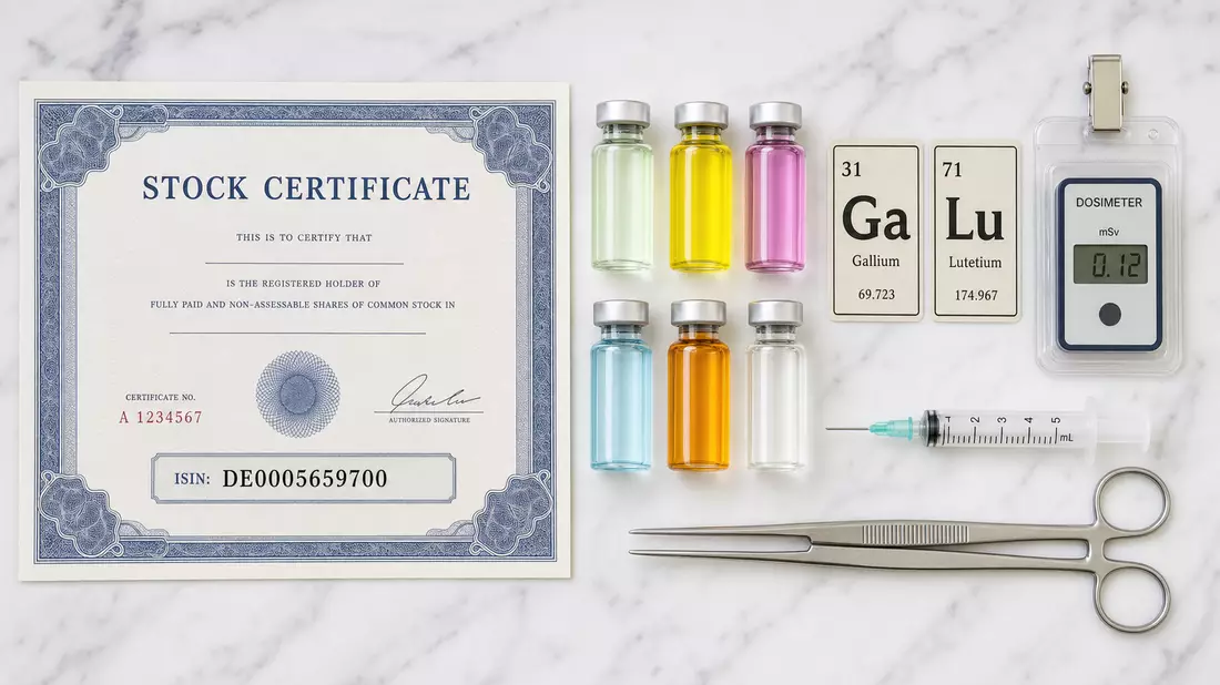 Flatlay mit Aktienzertifikat ISIN DE0005659700, Isotopenfläschchen und Dosimeter auf Marmor