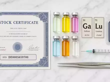 Eckert & Ziegler DE0005659700 Medizintechnik: Flatlay mit Aktienzertifikat, Isotopenfläschchen, Dosimeter und Elementen-Karten - Foto: THN