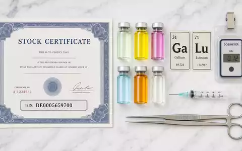 Eckert & Ziegler DE0005659700 Medizintechnik: Flatlay mit Aktienzertifikat, Isotopenfläschchen, Dosimeter und Elementen-Karten - Foto: THN