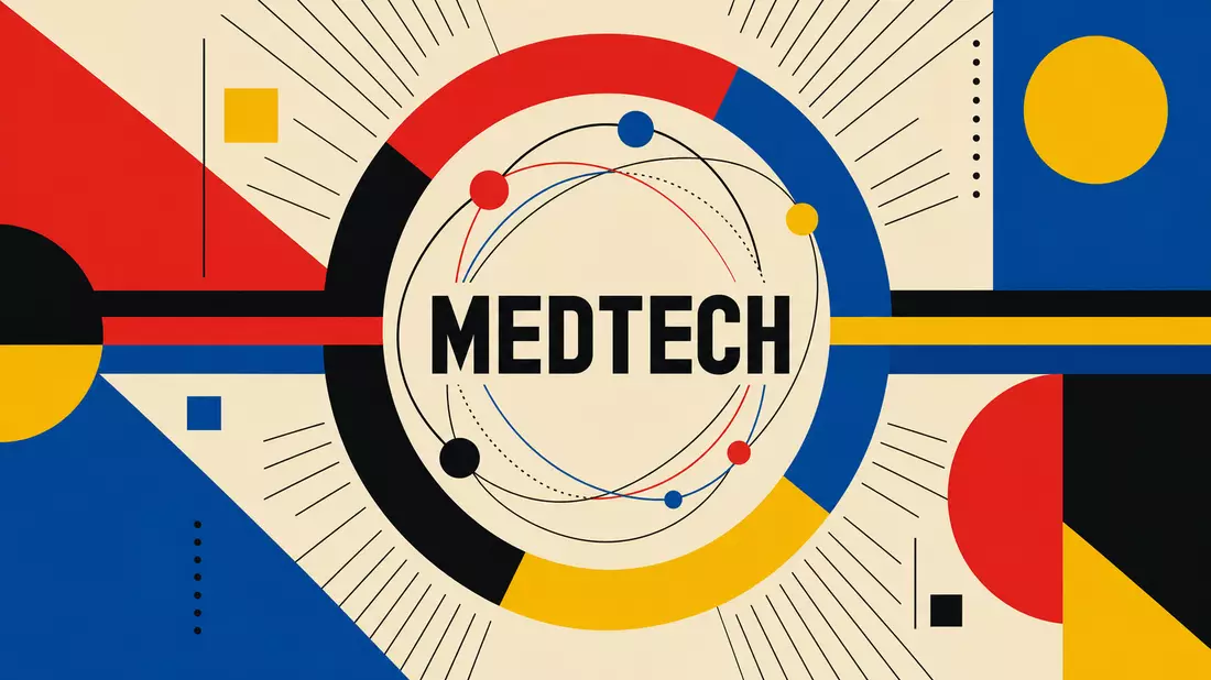 Bauhaus-Designposter mit geometrischen Formen, Primärfarben und MEDTECH-Schriftzug