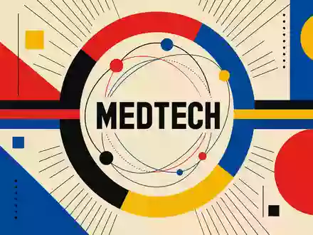 Eckert & Ziegler DE0005659700 Medizintechnik: Bauhaus-Poster mit geometrischen Grundfarben und Atomstruktur-Motiv sowie MEDTECH-Sektor-Schriftzug - Foto: THN