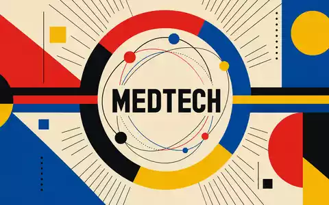 Eckert & Ziegler DE0005659700 Medizintechnik: Bauhaus-Poster mit geometrischen Grundfarben und Atomstruktur-Motiv sowie MEDTECH-Sektor-Schriftzug - Foto: THN