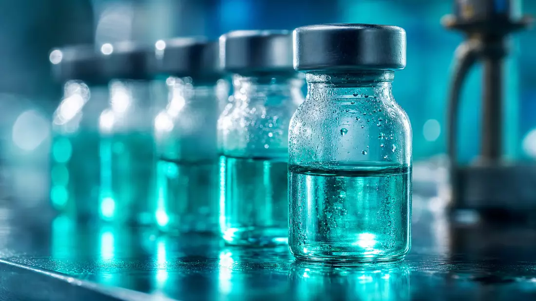 Makrofoto von pharmazeutischen Glasfläschchen mit türkis leuchtender Isotopenlösung
