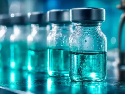 Eckert & Ziegler DE0005659700 Medizintechnik: Extreme Makroaufnahme kleiner Glasfläschchen mit leuchtend blau-grüner radioaktiver Isotopenlösung - Foto: THN