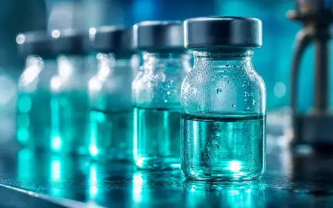 Eckert & Ziegler DE0005659700 Medizintechnik: Extreme Makroaufnahme kleiner Glasfläschchen mit leuchtend blau-grüner radioaktiver Isotopenlösung - Foto: THN