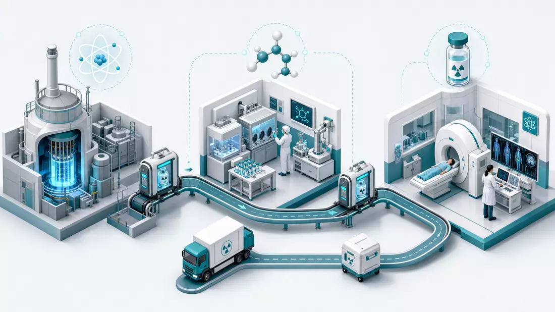 Isometrische 3D-Illustration der radiopharmazeutischen Lieferkette von Produktion bis Krankenhaus