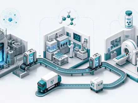 Eckert & Ziegler DE0005659700 Medizintechnik: Isometrisches 3D-Diagramm der radiopharmazeutischen Wertschöpfungskette bis Klinik - Foto: THN