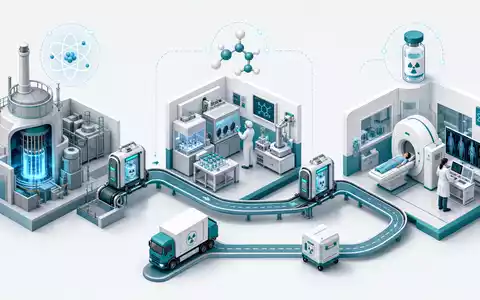 Eckert & Ziegler DE0005659700 Medizintechnik: Isometrisches 3D-Diagramm der radiopharmazeutischen Wertschöpfungskette bis Klinik - Foto: THN