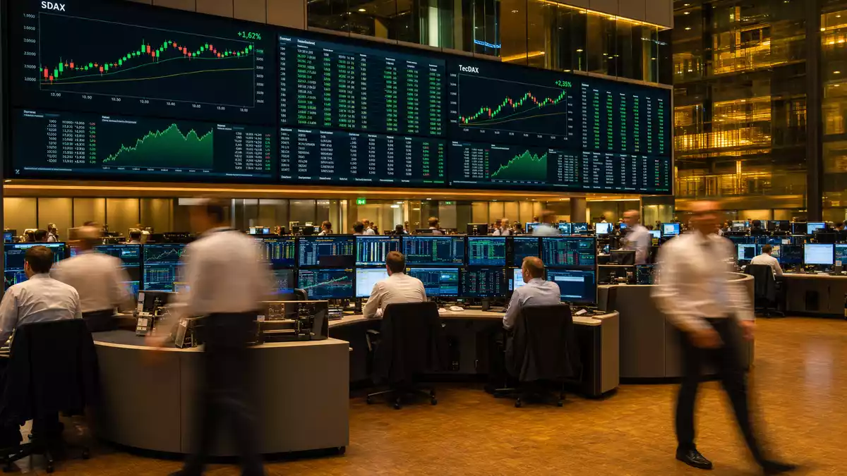 Frankfurter Börsenparkett mit SDAX-TecDAX-Charts auf großen Anzeigetafeln und Händlern