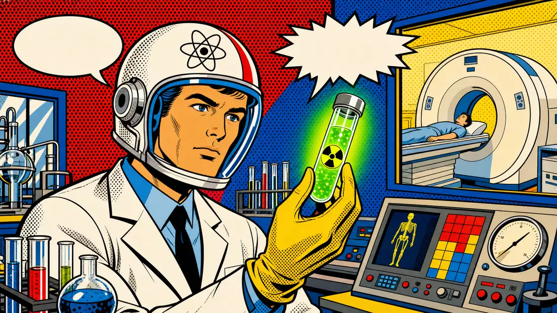 Pop-Art-Comicbild eines Wissenschaftlers mit leuchtend grünem Radioisotop im Nuklearmedizin-Labor