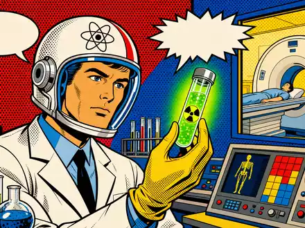 Eckert & Ziegler DE0005659700 Medizintechnik: Pop-Art-Comic mit Wissenschaftler im Nuklearmedizin-Labor und leuchtender Radioisotopen-Ampulle - Foto: THN