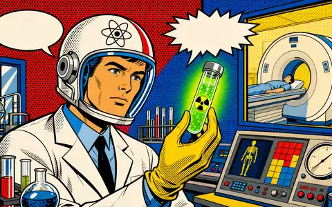 Eckert & Ziegler DE0005659700 Medizintechnik: Pop-Art-Comic mit Wissenschaftler im Nuklearmedizin-Labor und leuchtender Radioisotopen-Ampulle - Foto: THN