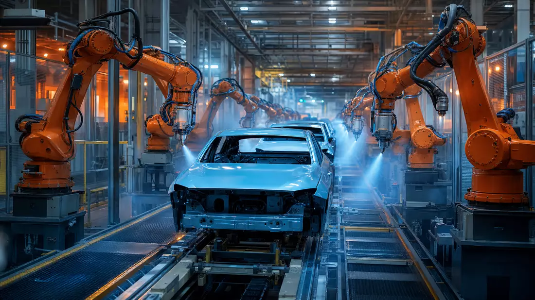 Fotorealistische Lackieranlage mit Industrierobotern in einer Automobilfabrik